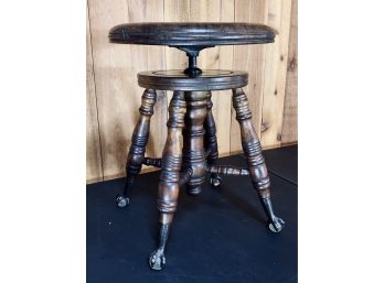Adjustable Antique Carved Wood Stool With Glass Ball And Claw Feet
