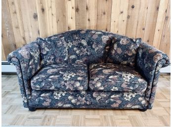 Floral And Fruit Tapestry Fabric Love Seat With Wood Feet - Black, Tan, Maroon, Green, Navy
