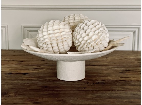 Stunning Modern White Paper Mache Bowl With 3 White Shell Balls, 4 Starfish And Sand Dollar