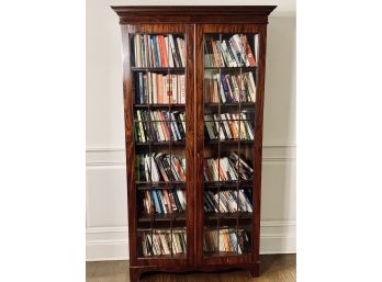 19th Century Dark Wood Antique British Bookcase With 2 Glass Pane  Doors And Crown Molding