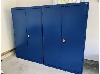 Pair Of Sandusky Royal Blue Metal Cabinets 4 Shelves - Used In Garage