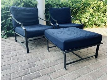Pair Of Restoration Hardware Carmel Lounge Chairs With Carmel Ottoman - Navy Cushions - Brushed Iron