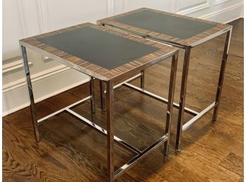 Pair Of William Sonoma Chrome And Wood (Veneer) Side Tables