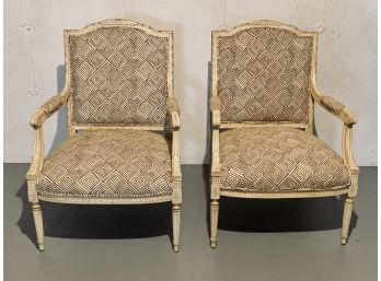 Pair Of Vintage French Armchairs With Cream And Chocolate Geometric Fabric - Cream Painted Wood