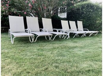 Set Of 6 White Mesh With Aluminum Frame Lounge Chairs With 2 Matching Side Tables