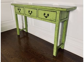 Antique Distressed Painted Lime Green Chinese 3 Drawer Console Table
