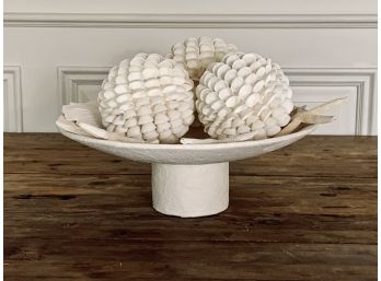 Stunning Modern White Paper Mache Bowl With 3 White Shell Balls, 4 Starfish And Sand Dollar
