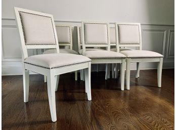 Set Of 6 Pottery Barn Dining Chairs - Cream Wood Frame With Sand Fabric With Brass Nailhead Detail