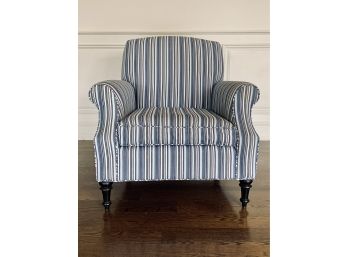 Blue And White Stripe Crate And Barrel Armchair With Black Wood Legs