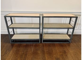 Pair Of Serena And Lily Cabot Shelves In Painted Grey Frame With Raffia Wrapped Shelves And Brass Detail