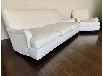 Pair Of Crate And Barrel Couch And Armchair In Cream Fabric With Dark Wood Feet