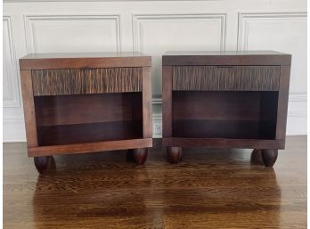 Pair Of Dark Wood Crate And Barrel Side Tables With Leather Pulls