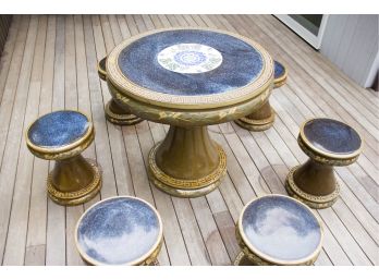 Outdoor Ceramic Painted Round Table With 6 Stools