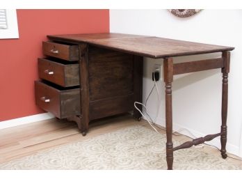 Antique Sewing Table With 3 Drawers And Folding Legs