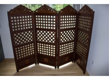Antique Carved Wood 4-Panel Screen From Philippines With Shell Inlay (Capiz) In The Lattice Work