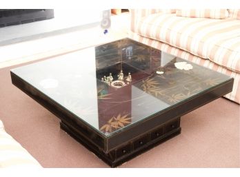 Chinese Hand Painted Enamel Coffee Table With Glass Window And Brass Balinese Musician Figurines