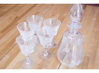 Baccarat Crystal Set Of 5 Etched Glasses And Decanter