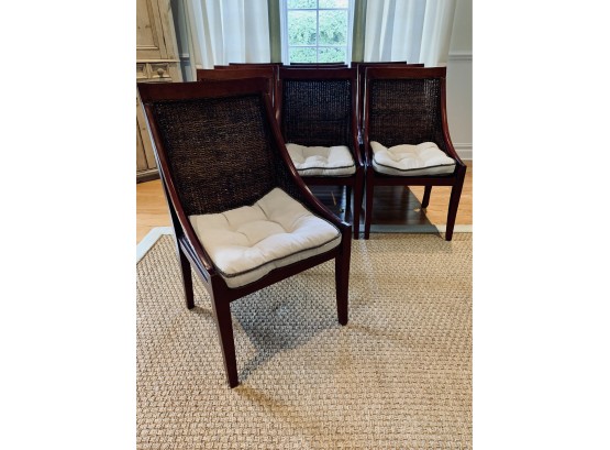 Set Of 10 Rattan And Dark Wood Dining Chairs With Pier 1 Cushions