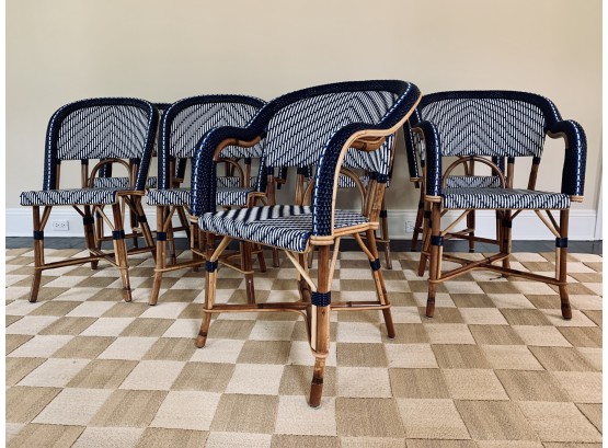 Set Of 8 Maison L. Drucker Bistro Chairs - 2 Armchairs And 6 Side Chairs - Blue And White With Rattan Frame