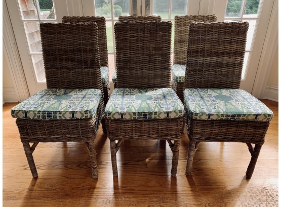Set Of 6 Safavieh Woven Rattan Dining Chairs With 6 Blue And Lime Green Ikat Cushions