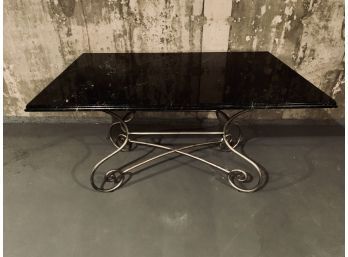 Black Marble Top Table On Silver Painted Wrought Iron Base