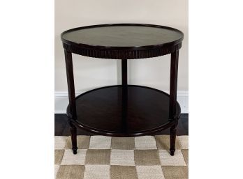 Traditional Carved Dark Wood Round Side Table With Lower Shelf And 1 Shallow Drawer