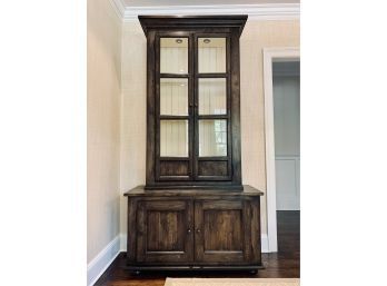 Pair Of Tall Lighted Dark Wood Cabinets With Painted Cream Interiors - Display And Storage