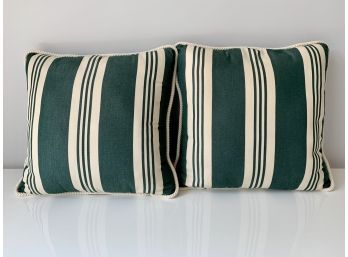 Pair Of Green And Cream Stripe Custom Cotton Fabric Pillows With Cream Braided Piping
