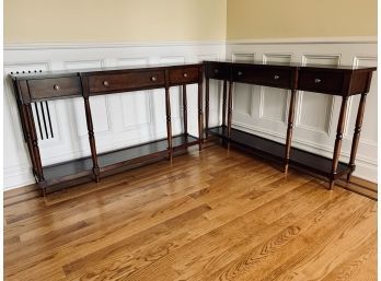Pair Of Dark Wood Console Tables With 3 Drawers