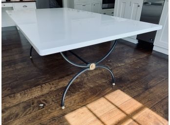 White Quartz Top Table With Wrought Iron Base And Gold Detail