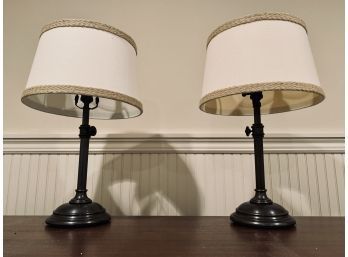 Pair Of Wrought Iron Lamps With Cream Shades & Jute Border