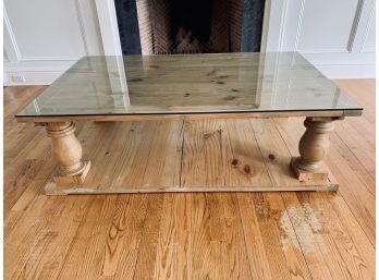 Restoration Hardware Style Coffee Table In Pine With Glass Top