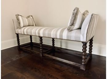 Gorgeous Custom Fabric Bench With Carved Wood Legs And 2 Matching Pillows And Brass Nailhead Detail