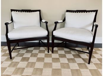 Pair Of Traditional Dark Wood Armchairs With White Matelasse Fabric And White Braided Piping