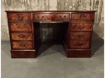 Burled Wood Desk With 8 Drawers & Leather Top