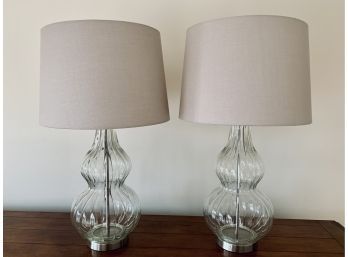 Pair Of Clear Glass And Metal Gourd Table Lamps With Sand Shades