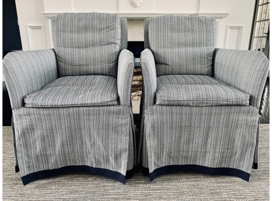 Pair Of Navy And Cream Custom Fabric Arm Chairs With Brushed Nickel Nailhead Detail