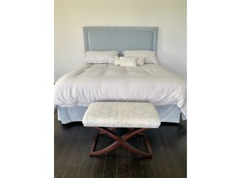 Pale Blue Velvet King Bed With Blue And White Damask Bench On Dark Wood Frame