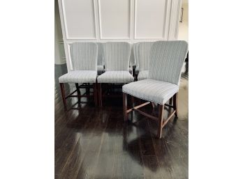 Set Of 10 Side Dining Chairs - Custom Navy And Cream Fabric With Brushed Nickel Nail Heads And Dark Wood Legs