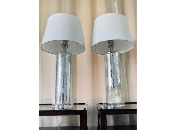Pair Of Mercury Glass Lamps On Lucite Base With Cream Shades