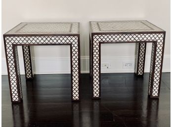 Pair Of Chocolate Wood And Cream Inlay Side Tables
