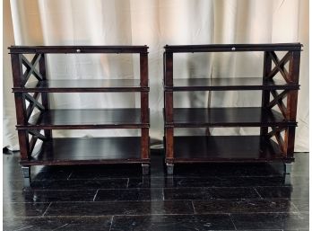Pair Of X Side Tables - Dark Wood - With Pull Out Tray