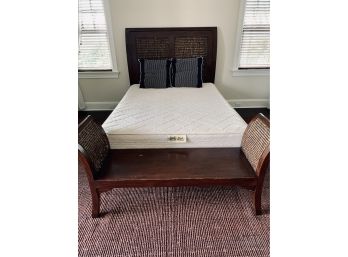 Queen Size Dark Wood And Rattan Headboard With Matching Bench