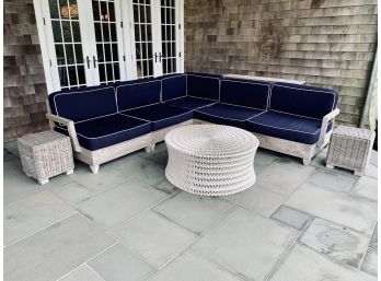 5 Piece Arthur Lauer Teak Sectional With Navy Cushions With White Piping And Round Resin Coffee Table