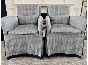 Pair Of Navy And Cream Custom Fabric Arm Chairs With Brushed Nickel Nailhead Detail