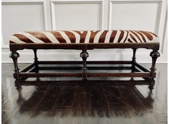 Faux Brown Zebra Bench With Dark Wood Frame And Brass Nail Head Detail