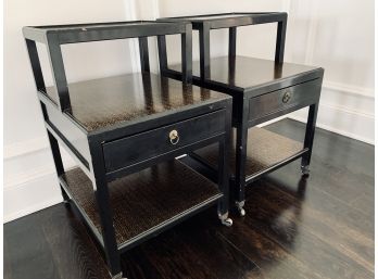 Pair Of 2 Tier Asian Style Painted Black And Gold Side Tables On Wheels
