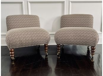Pair Of Pearson Armless Chairs - Chocolate/cream Fabric - Low Backs And Dark Wood Turned Leg And Brass Wheels