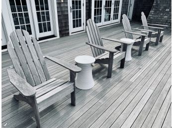 Set Of 4 Arthur Lauer Teak Adirondack Chairs With 3 Ceramic Side Tables With Rope Handles