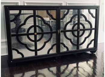 Painted Black Wood Server With Mirror Doors And Brass Hardware